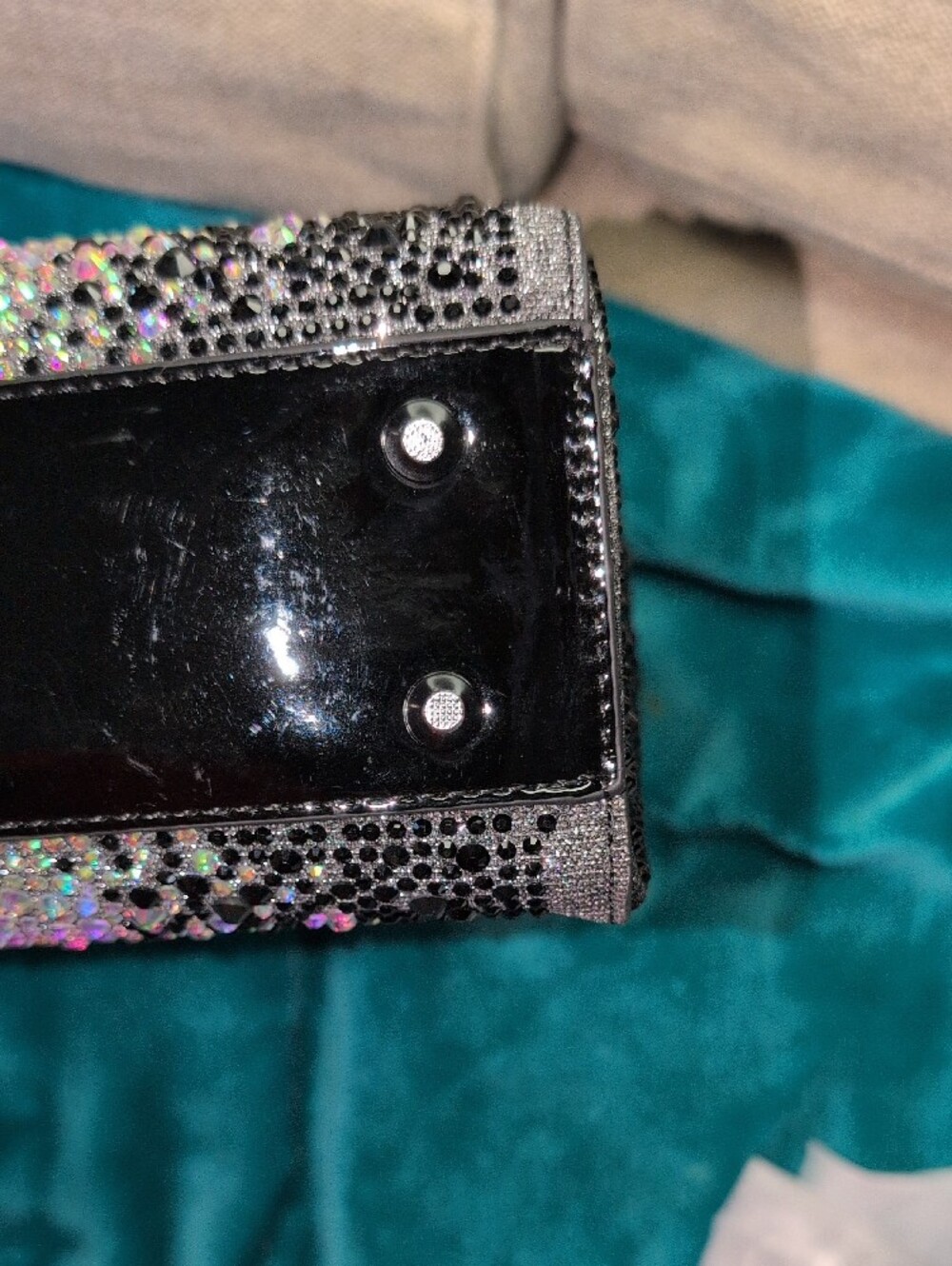 Crystal-Embellished Black Patent Mini Tote  With Crossbody Strap - Picture 9 of 16